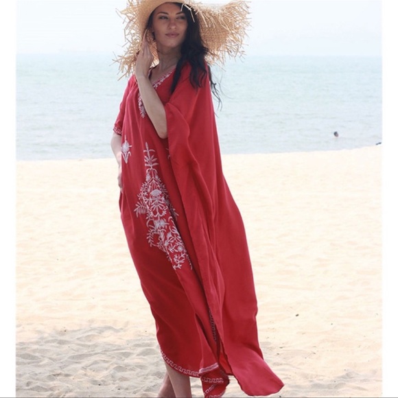 Boho Indie Embroidered Cotton Kimono Kaftan Maxi, Bohemian Embroidered Dress - Picture 2 of 7